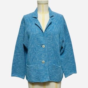 DAMASK Blue Textured Knit 2-Button Blazer Jacket Boxy Cut 3/4 Sleeves Size Large
